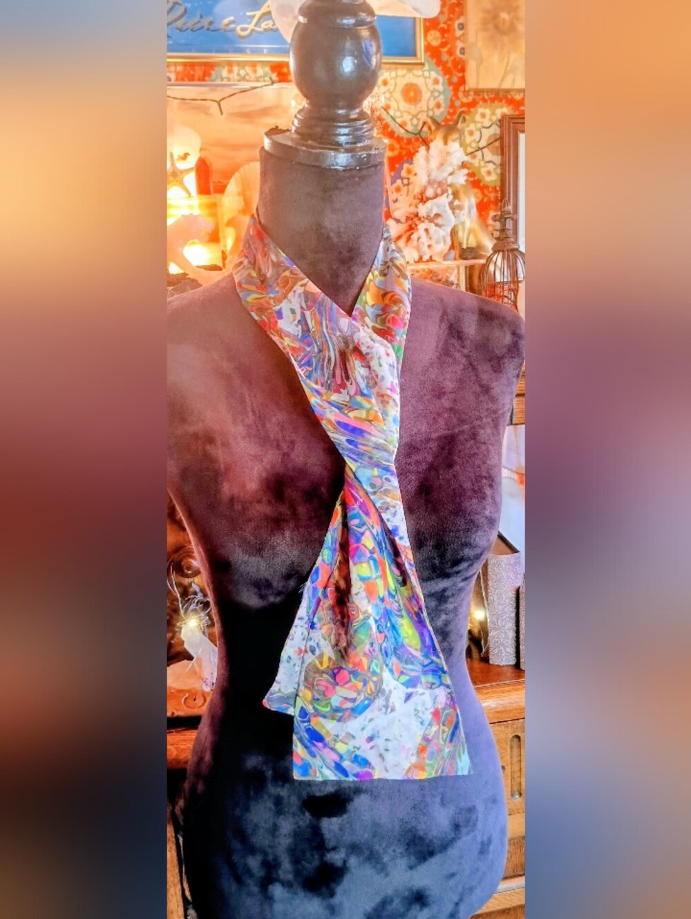 Vintage 60's Chiffon Acid Multicolor Abstract Pattern Silk Scarf -
